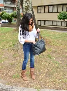 Attractive Latina Penelope Perez Posing Outside Clothed In Tight Jeans Scarf
