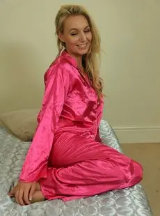 Blonde Girl Hayley Marie Coppin Shows Her Bare Feet Wearing Satin Pajamas