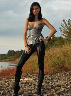 Dark Haired Chick Gabi De Castello Rips Open Leather Pants To Show Her Pussy