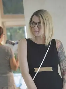 Glasses Wearing Tattooed Blonde Emma Mae Exposing Large All Natural Tits