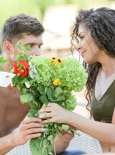 White Girl With Wavy Hair Fucks A Guy On The Patio After Receiving Flowers