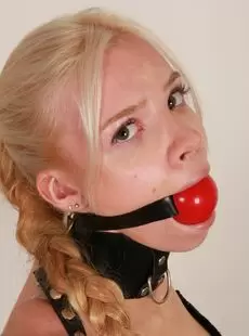 BeltBound Vanessa R Huge Red Ball Gag And Tight Armbinder